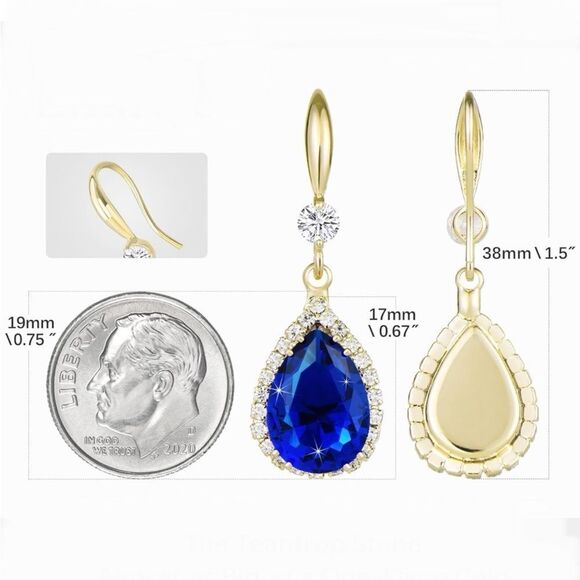 14K Yellow Gold with Blue Sapphire Cubic Zirconia Teardrop Hook Dangle Earrings - Picture 5 of 5